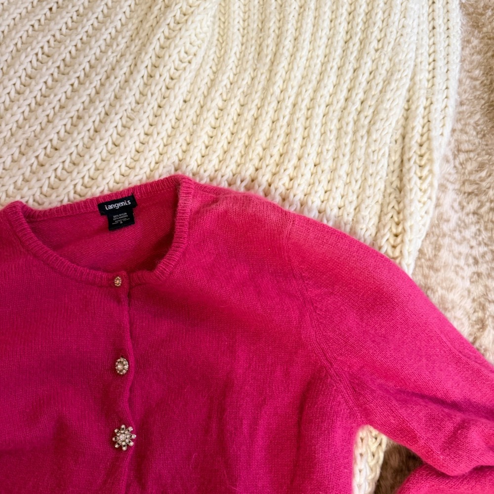 Langenis Hot Pink Angora Blend Cardigan Rhinestone Button Sweater Fuchsia Small - Picture 5 of 5